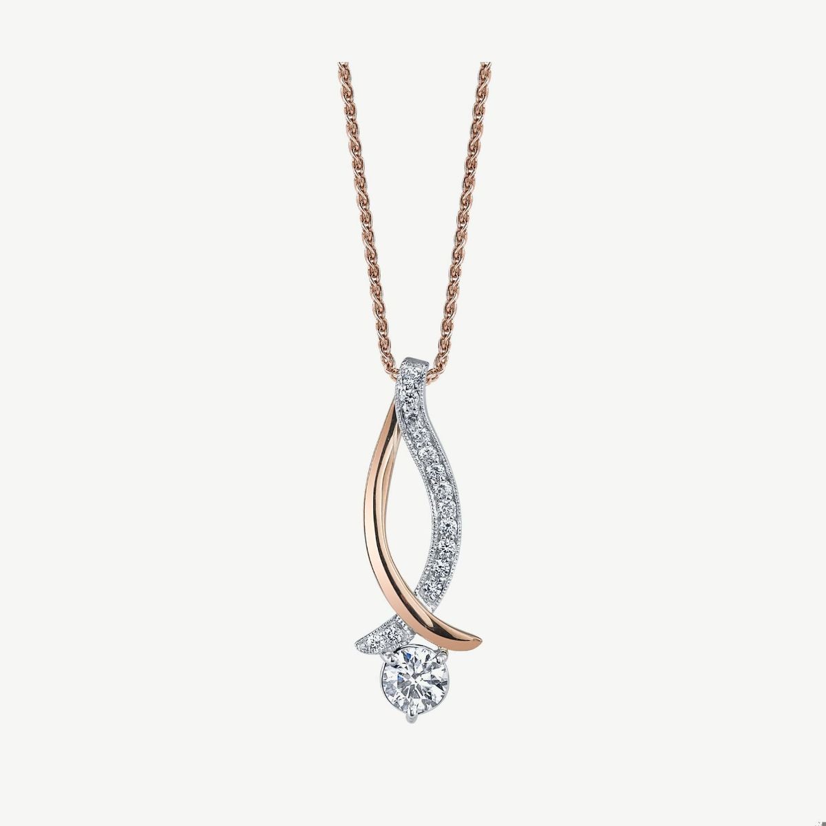 Picture of 14K Rose and White Gold Ribbon Pendant with Prong Set Diamonds – Hidden Bale