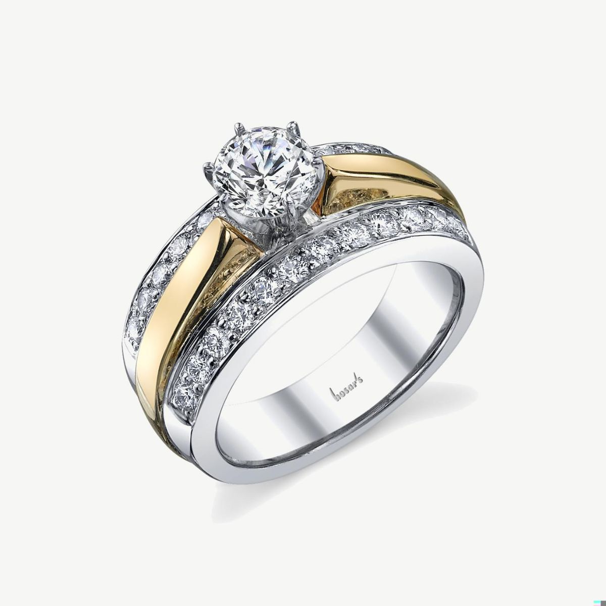 Picture of 14K Yellow and White Gold Cathedral Three-Row Diamond Ring