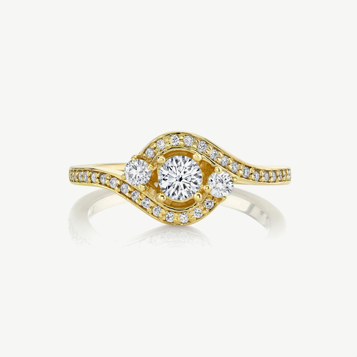 Picture of 14K Yellow Gold Elegant Round Halo Bypass Three-Stone Ring