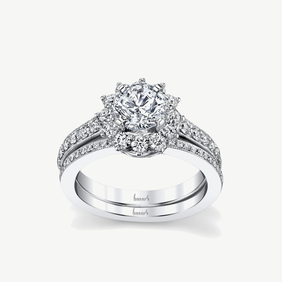 Picture of 14K White Gold Floral Vintage Halo Round Diamond Ring with Milgrain Detail