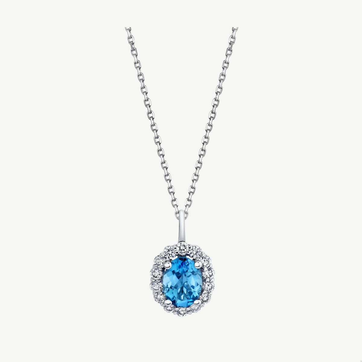 Picture of 14K Gold Blue Topaz Halo Necklace with Oval Cast Head and Straight Bale