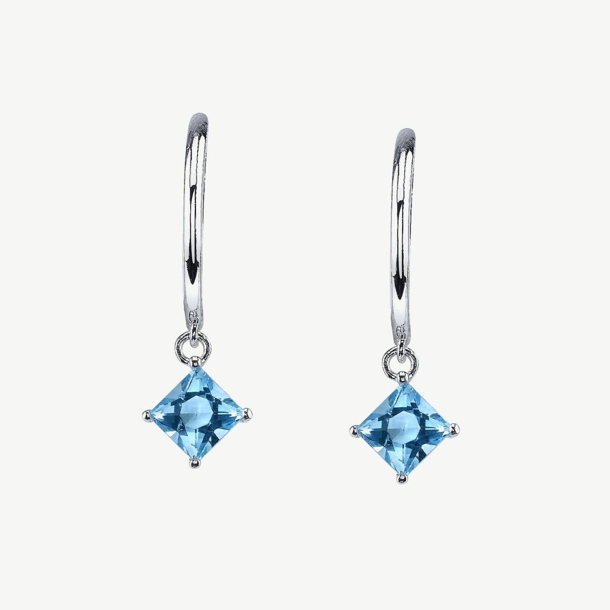 Picture of 14K Gold  Blue Topaz Dangle Earrings with 4-Prong Princess Basket Head