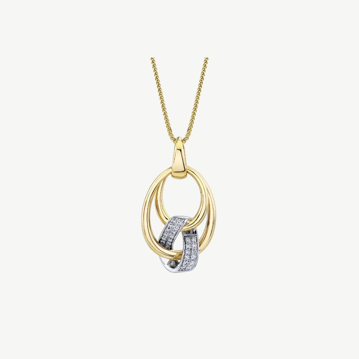 Picture of 14K Gold Diamond Ribbon Interlocked Oval Pendant with Prong Set Rounds and Tapered Bale