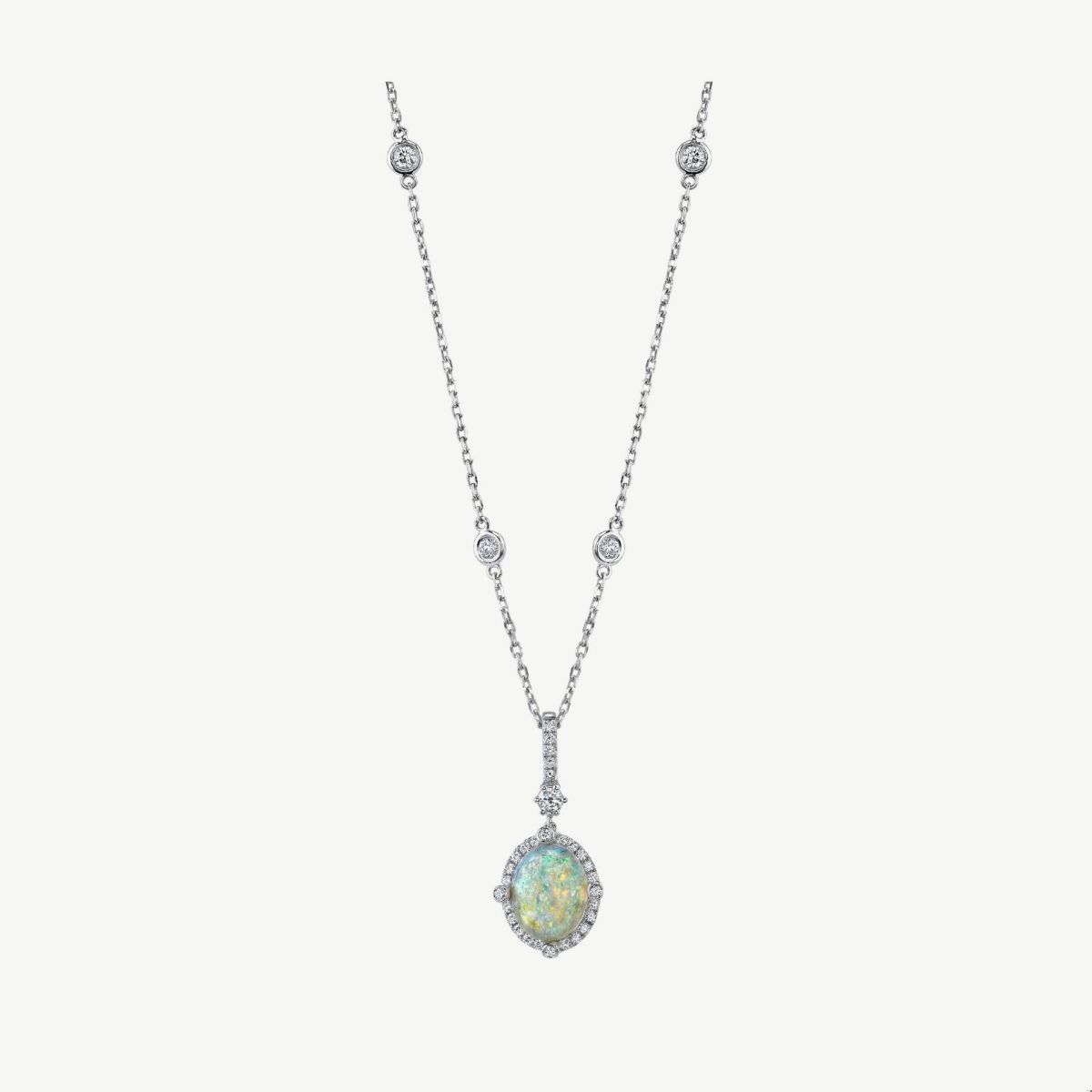 Picture of 14K White Gold Oval Opal Halo Pendant with Diamonds