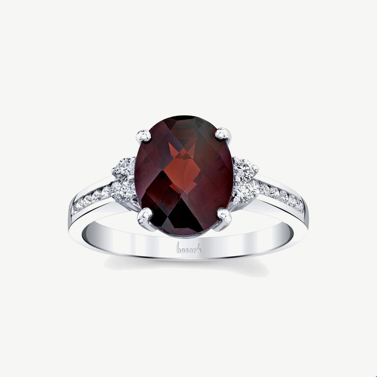 Picture of 14K Gold Pyrope Garnet Oval Ring with 4 Prong Basket Head and Channel Set Diamonds