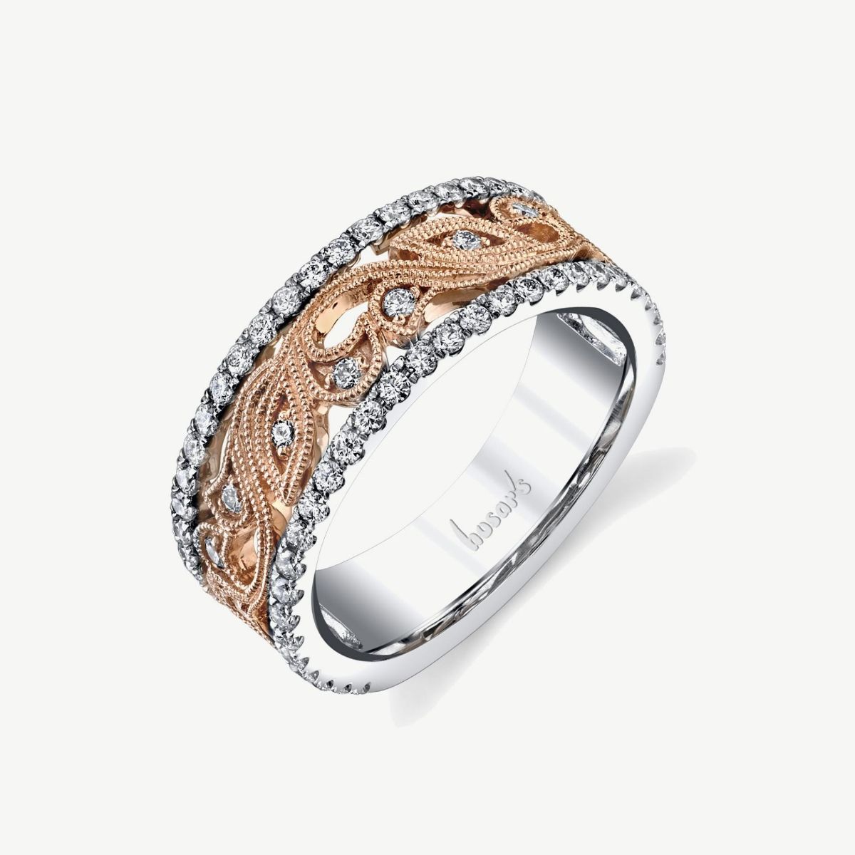 Picture of 14K White and Rose Gold Filigree Band with Diamond Accents